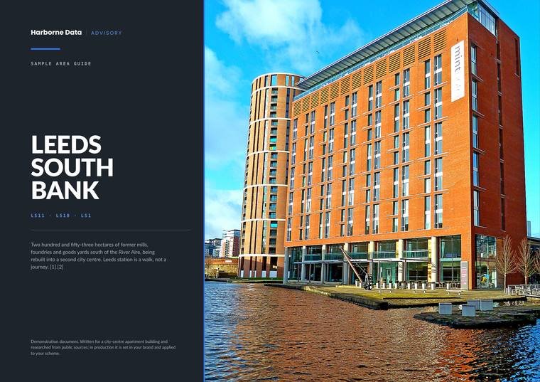 Cover of the Leeds South Bank guide: the district name over a description of two hundred and fifty-three hectares of former mills and goods yards being rebuilt south of the River Aire, beside a photograph of a red-brick apartment block on the dock.