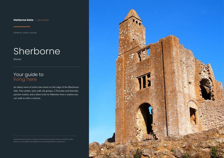 Cover of the Sherborne guide: the town name over a description of an abbey town of ochre ham stone with two castles, sixty-odd u3a groups and a direct train to Waterloo, beside a photograph of the ruined Old Castle keep against a clear sky.