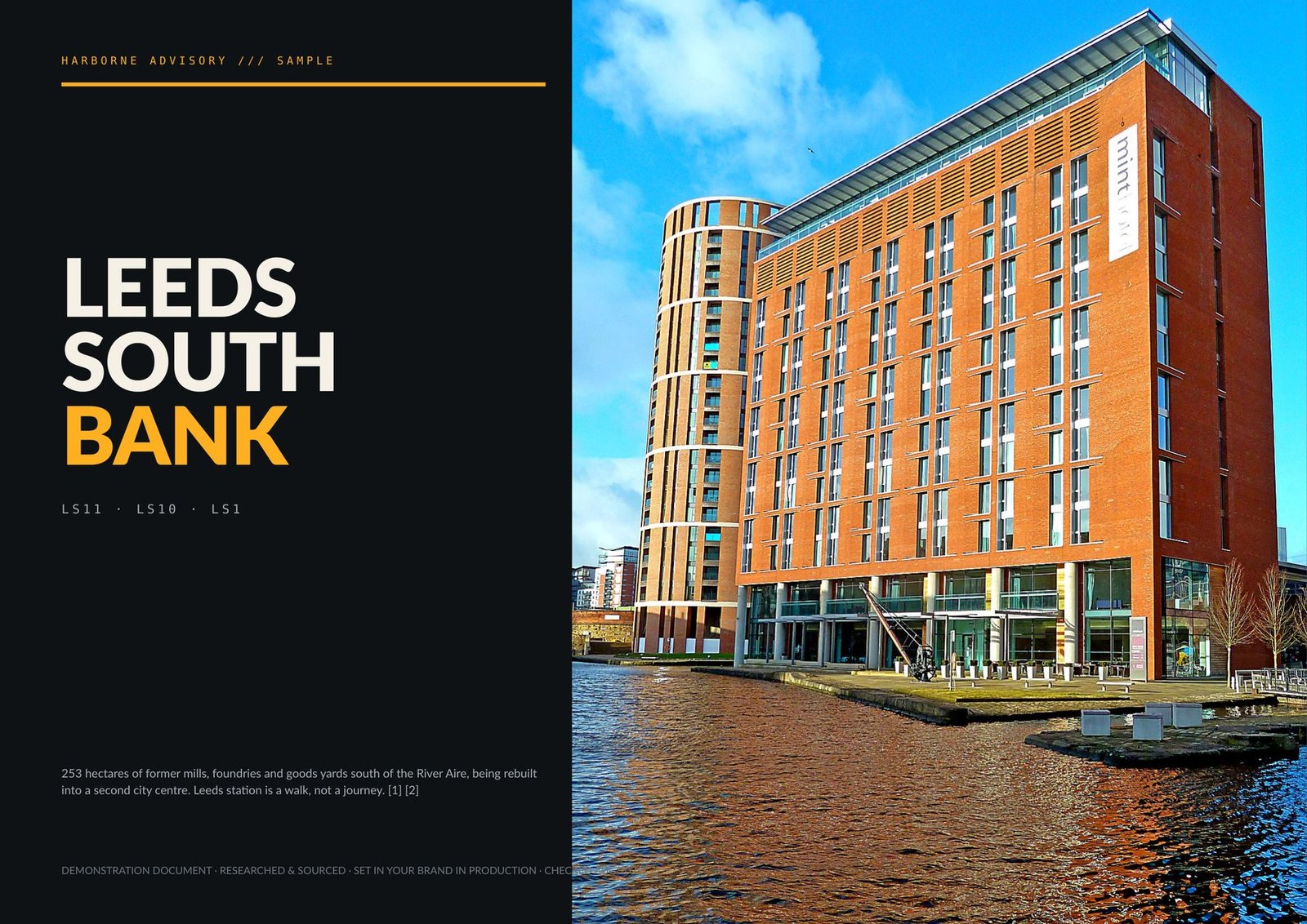 Cover of the Leeds South Bank guide: the district name set large in white and amber on near-black beside the postcodes LS11, LS10 and LS1, next to a photograph of a red-brick apartment block on the dock under a blue sky.