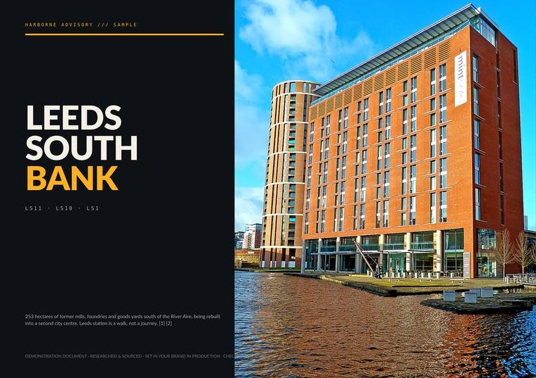 Cover of the current Leeds South Bank guide: a landscape page with the district name set large in white and amber on near-black, beside a photograph of a red-brick apartment block on the dock.