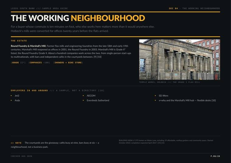 The working neighbourhood page from the Leeds guide: the Round Foundry and Marshall's Mill estate, about a hundred companies eight minutes on foot from Leeds station, named employers including Jet2, Asda and AECOM, and the 375-home Water Lane scheme due in 2027.