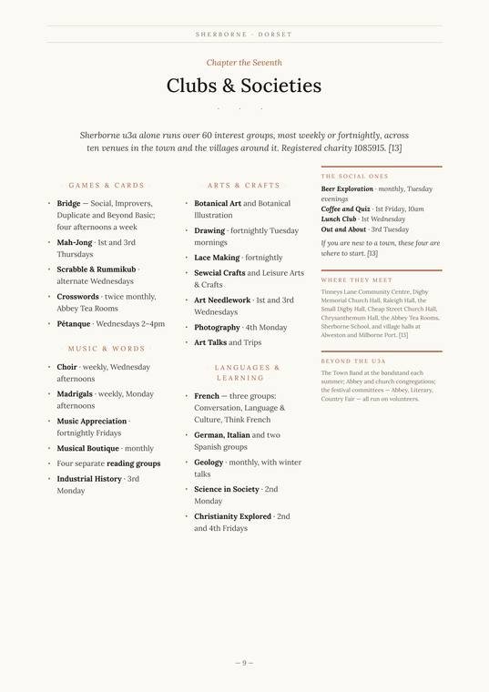 Clubs and societies page from the Sherborne guide, listing over sixty u3a interest groups under games and cards, arts and crafts, music and words, and languages and learning, each with the day it meets, plus the ten venues used across the town and villages.