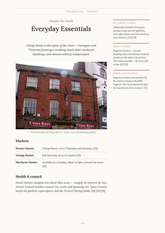 Everyday essentials page in the almanac direction: Chapter the Fourth, with a photograph of the Cross Keys on Cheap Street, a markets table giving the Thursday and Saturday pannier market, the monthly vintage market and the Sunday town market, a health and council section, and a margin column on Cheap Street, green space and local knowledge.
