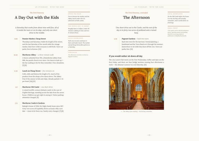 A day out with the kids, across two pages of the almanac: a timed itinerary from the Pannier Market at nine through the Abbey, Old Castle and Castle Gardens to Pageant Gardens at half past four, each stop with what it costs and how long it takes, margin columns on spend per head and the whole day in short, and a photograph of the abbey's fan vaulting.